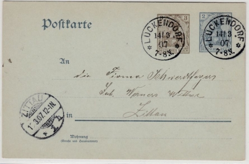 DR - Lückendorf 1907, kl. K1 a. 3+2 Pfg. Germania GA-Karte n. Zittau