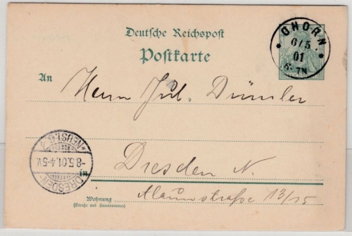 DR - Ohorn 1901, kl. K1 a. 5 Pfg. Germania GA-Karte n. Dresden