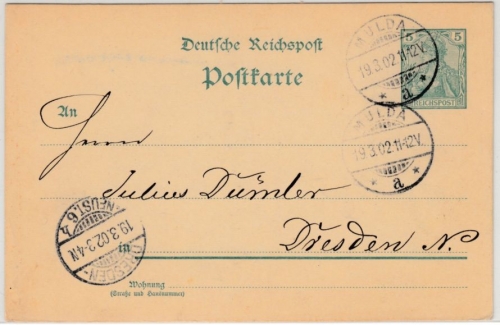 DR - Mulda 1902, Kreisgitterstempel, 5 Pfg. Germania-GA-Karte n. Dresden