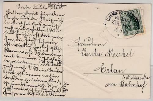 DR - Bahnpost Chemnitz - Rosswein Zug 1414, Patriotika-Prägekarte Hainichen 1910