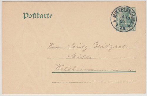 DR - Mittelfrohna 1909, K1 a. 5 Pfg. Germania GA-Karte n. Waldheim