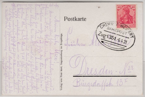 DR - Bahnpost Chemnitz - Weipert, Zug 1351 - Karte Augustusburg - Dresden 1921
