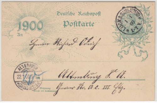 DR - Lucka (Sachs.-Altenb.) 1.1.00, K1 a. 5 Pfg. Germania Jahrhundert-GA-Karte