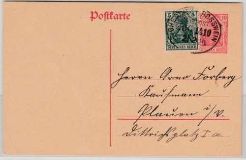 DR - Bahnpost Chemnitz - Rosswein Zug 1410, GA-Karte+Zusatz Hainichen 1920 n.