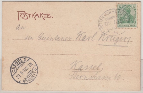DR - Bahnpost Rottenbach - Katzhütte Zug 922, Karte v. Glasbach - Kassel 1903
