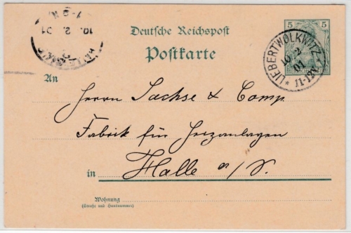 DR - Liebertwolkwitz 1901, K1 a. 5 Pfg. Germania GA-Karte n. Halle