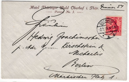 DR - Oberhof (Thüringen) 1916, "Hotel-Kuvert" n. Berlin, ohne Inhalt