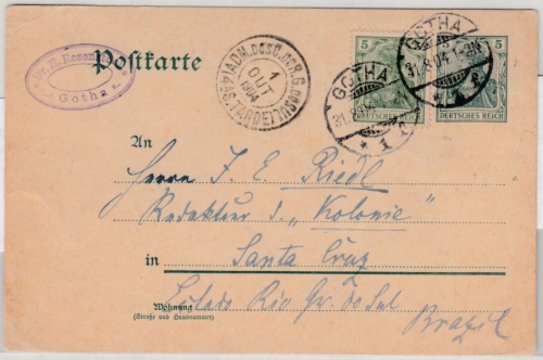 DR - 5 Pfg. Germania GA-Karte+Zusatz n. BRASILIEN, Gotha - Santa Cruz 1904