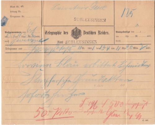 DR - Schleusingen, L1 a. Telegramm v. Schmiedefeld 1891, 50 Pfg. Portovermerk !!