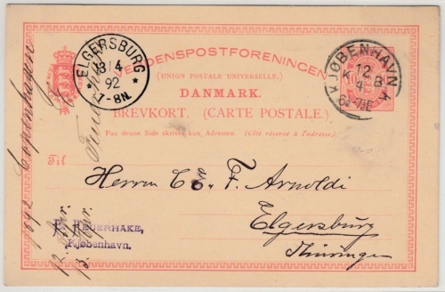 DR - Elgersburg 1892, K1 a. 10 Ö. GA-Karte v. DÄNEMARK