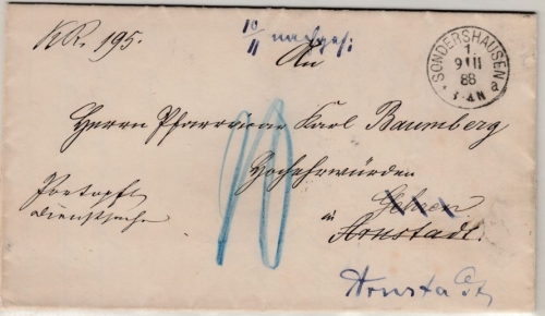 DR - Sondershausen 1888, K1 a.Dienstbrief/Nachporto, Nachsendung Arnstadt/Gehren