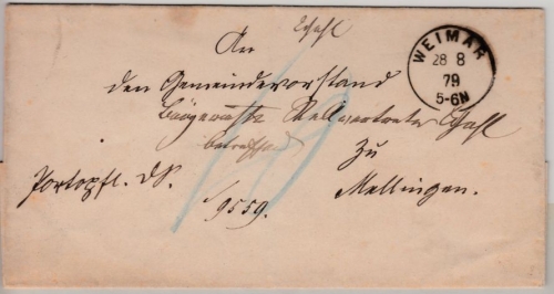DR - Weimar 1879, K1 a.Dienstbrief/Nachporto n. Mellingen, ohne Inhalt