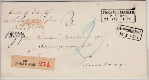 DR - Zwickau i. Sachsen P.E.No.1 1872, Ra3 a. Dienst-Paketbegleitbrief n.