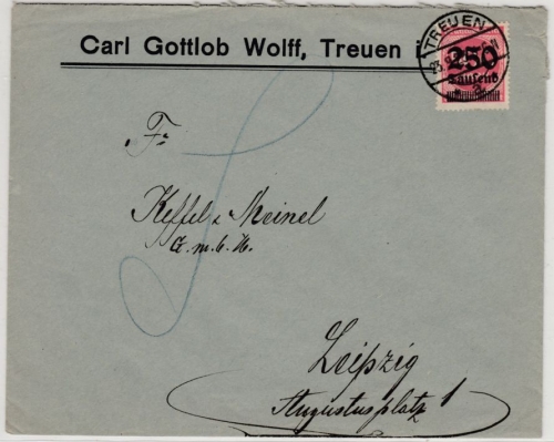 DR-Infla - 250 Tsd. a. 500 M., Firmenbrief Treuen - Leipzig 23.9.23
