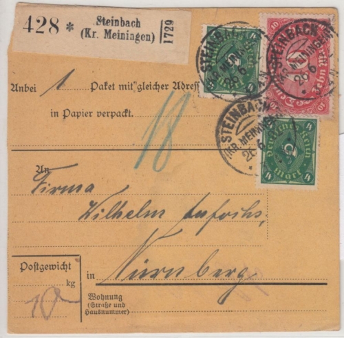 DR-Infla - Steinbach (Kr. Meiningen) 26.6.22, KOS a. Paketkarte n. Nürnberg