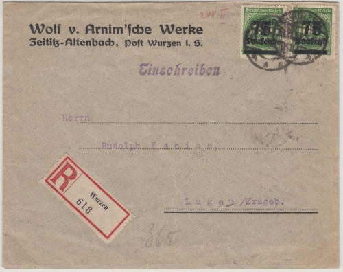 DR-Infla - 2x75 Tsd. a. 1.000 M. Ziffer, Einschreibebrief Wurzen - Lugau 11.9.23