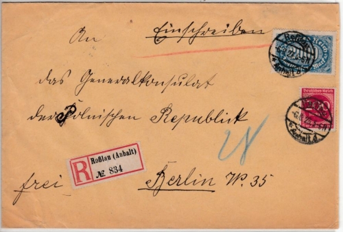 DR-Infla - 2.000 M. Queroval u.a., Einschreibebrief Roßlau (Anhalt) - Berlin