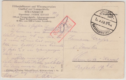 DR-Infla - Johann-Georgenstadt 11.9.23, Gebühr bezahlt, Ra2 a. Karte n. Chemnitz