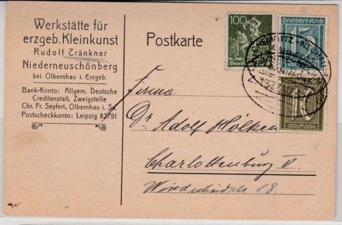DR - Bahnpost Chemnitz-Neuhausen Z.1337, Karte v. Niederneuschönberg 1922
