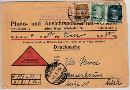 DR - Kaufbach Dresden A28 Land, Landpost-Ra2 a. Nachnahmebrief 1928 n.