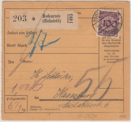 DR - 100 Pfg. Korbdeckel, Paketkarte Bodenrode (Eichsfeld) - Hamburg 1924