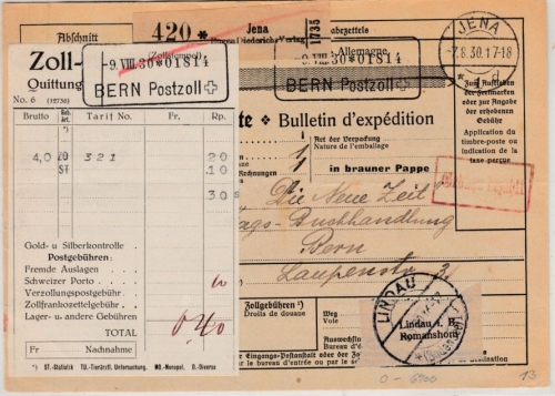 DR - Jena 1930, Gebühr bezahlt, Paketkarte/Selbstbucher i.d. SCHWEIZ