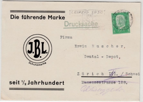 DR - 5 Pfg. Hindenburg, Werbedrucksache (Dental-Fabrik) i.d. SCHWEIZ, Leipzig n.