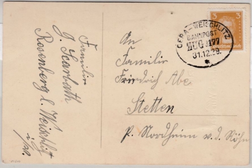 DR - Bahnpost Gera-Weischlitz Zug 2177 Drucksachenkarte Rosenberg - Stetten 1929