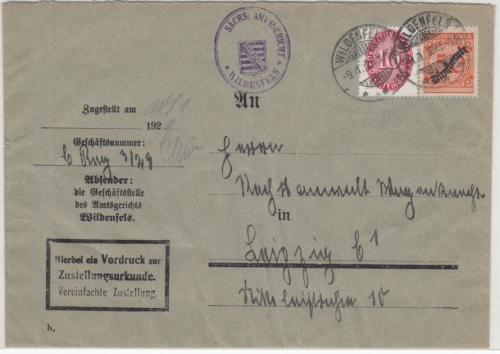 DR - 50 Pfg. Korbdeckel/Diest u.a., Zustellurkunde Wildenfels - Leipzig 1929