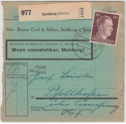 DR - 60 Pfg. AH, Paketkarte Stollberg (Sachs) n. Pfellhofen 1943