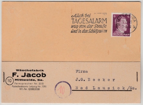 DR - (10) Mittweida 22.3.45, PLZ-Masch.werbestpl. a. Karte n. Bad Lausick
