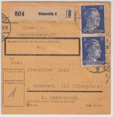 DR - 3x25 Pfg. AH, Paketkarte Chemnitz 2 - Rossbach 1943