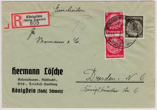 DR - 30+2x12 Pfg. Hindenburg, Einschreibebrief (2.Gew.st.) Königstein - Dresden