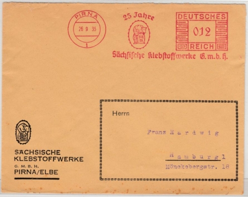 DR - 12 Pfg. AFS "25 J. Sächs. Klebstoffwerke", Brief Pirna - hamburg 1935