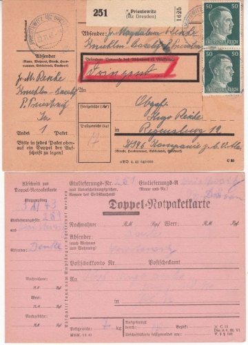 DR - 4x50+15 Pfg. AH, Dringend-Paketkarte + Notpaketkarte Priestewitz 1943 n.