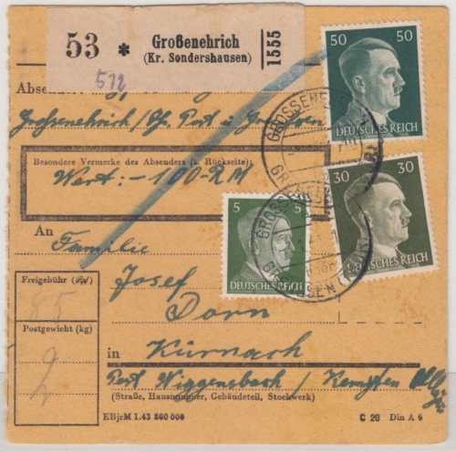 DR - Grossenehrich ü. Gruessen 1944, Poststelle I, Wertpaketkarte n. Kürnach