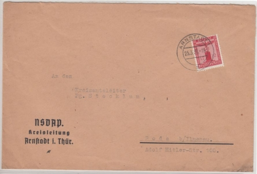 DR - 12 Pfg. Adler/Sockel, Partei-Dienstbrief Arnstadt - Roda 1938