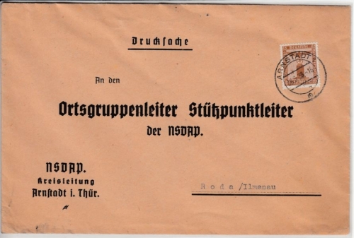 DR - 3 Pfg. Adler/Sockel, Partei-Dienstbrief/Drucksache Arnstadt - Roda 1938