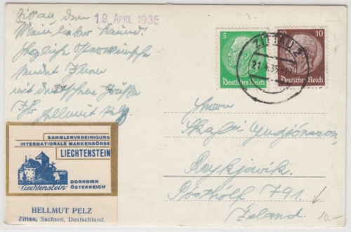 DR - 10+5 Pfg. Hindenburg, Karte n. ISLAND (!), Zittau 2 - Reykjavik 1935