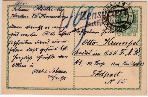 Österreich - Zensuriert Bahnpostamt, L2 a. 5 H. GA-Karte Krakau - Feldpost Nr.15