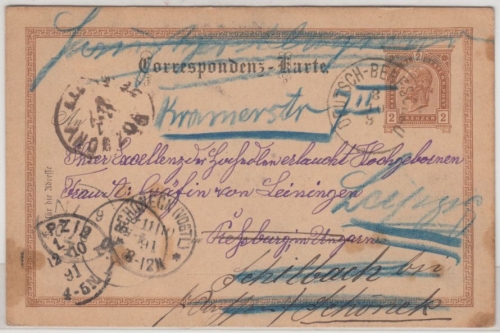 Österreich - 2 Kr. GA-Karte/Irrläufer Deutsch-Beneschau - Pressburg - Schöneck -