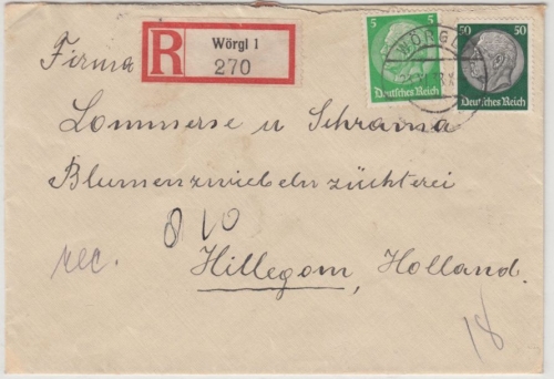 DR/Ostmark - 50+5 Pfg. Hindenburg, Einschreibebrief n. HOLLAND, Wörgl 1938 n.