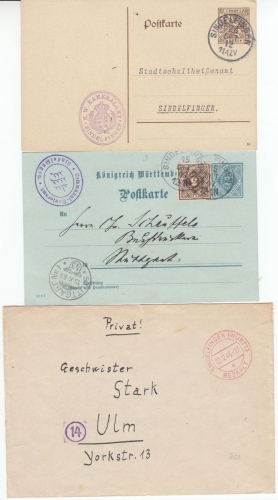 Württemberg/All.Bes. - Sindelfingen, 4 Heimatbelege ex 1907-1946