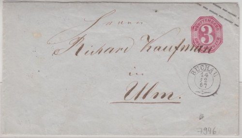 Württemberg - 3 Kr. GA-Umschlag K2 Buchau - Ulm 1867, ohne Inhalt