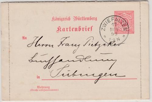Württemberg - 10 Pfg. GA-Kartenbrief Zwiefalten - Tübingen 1899, mit Inhalt
