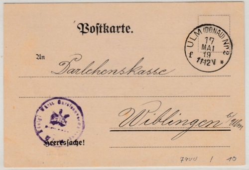 Württemberg - Ulm (Donau) nr. 2, 1919, K1 a. Heeressache/Karte n. Wiblingen