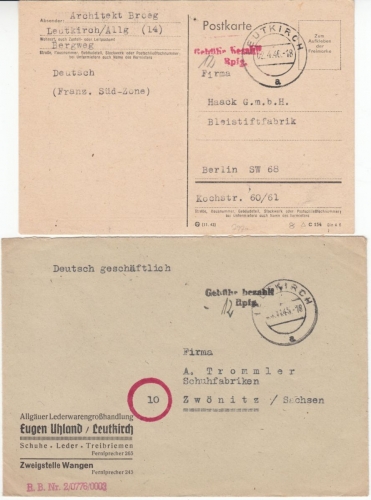 All.Bes. - Leutkirch 1945/46, Gebühr bezahlt, Brief/Doppelbrief/Karte - 3 Belege