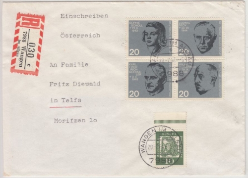 BRD - 4x20 Pfg. ex Widerstandskämpfer-Block u.a., Einschreibebrief/FDC Wangen n.