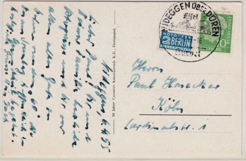 BRD - Nideggen ü. Düren 1955, Postst. I, Handwerbestempel a. entspr. AK n. Köln