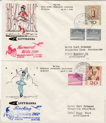 BRD - Karneval Köln/Fasching München 2 LH-Sonderflug-Belege München/Wahn 29.2.60